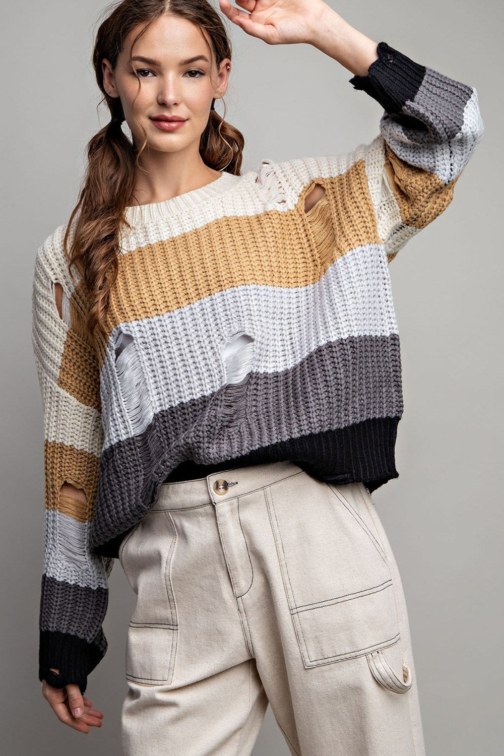 Stripe Crochet Knit Distressed Sweater