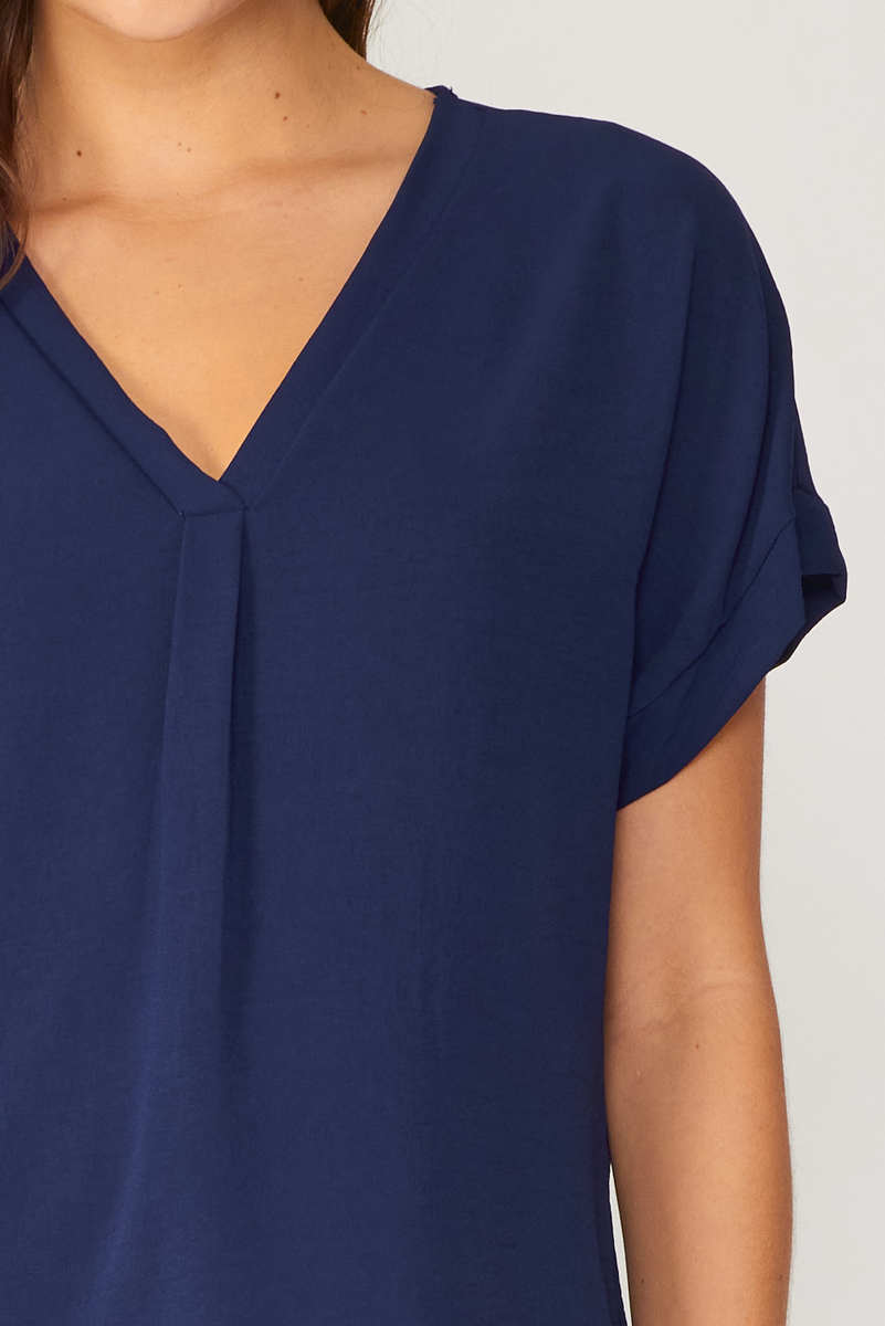 V-Neck Pleated Solid Short Sleeve Top