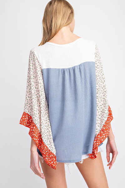 Waffle Knit Colorblock Flowy Floral Sleeve Blouse
