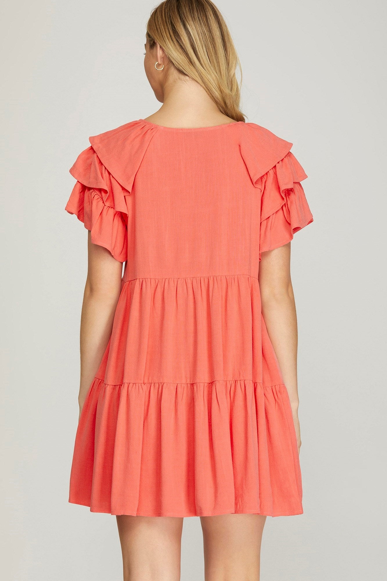 Ruffle Sleeve V-Neck Tiered Woven Dress w/ Pockets