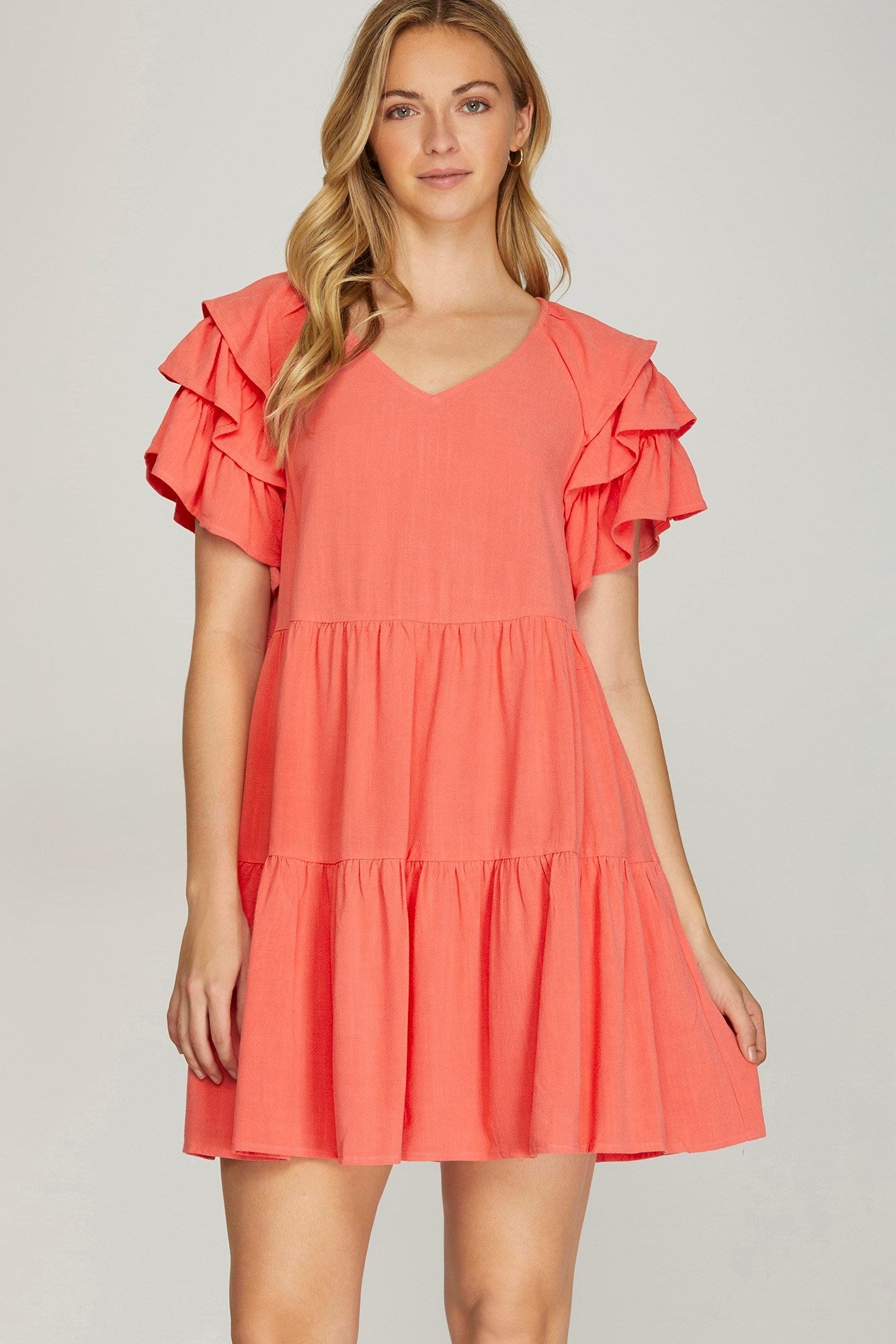 Ruffle Sleeve V-Neck Tiered Woven Dress w/ Pockets