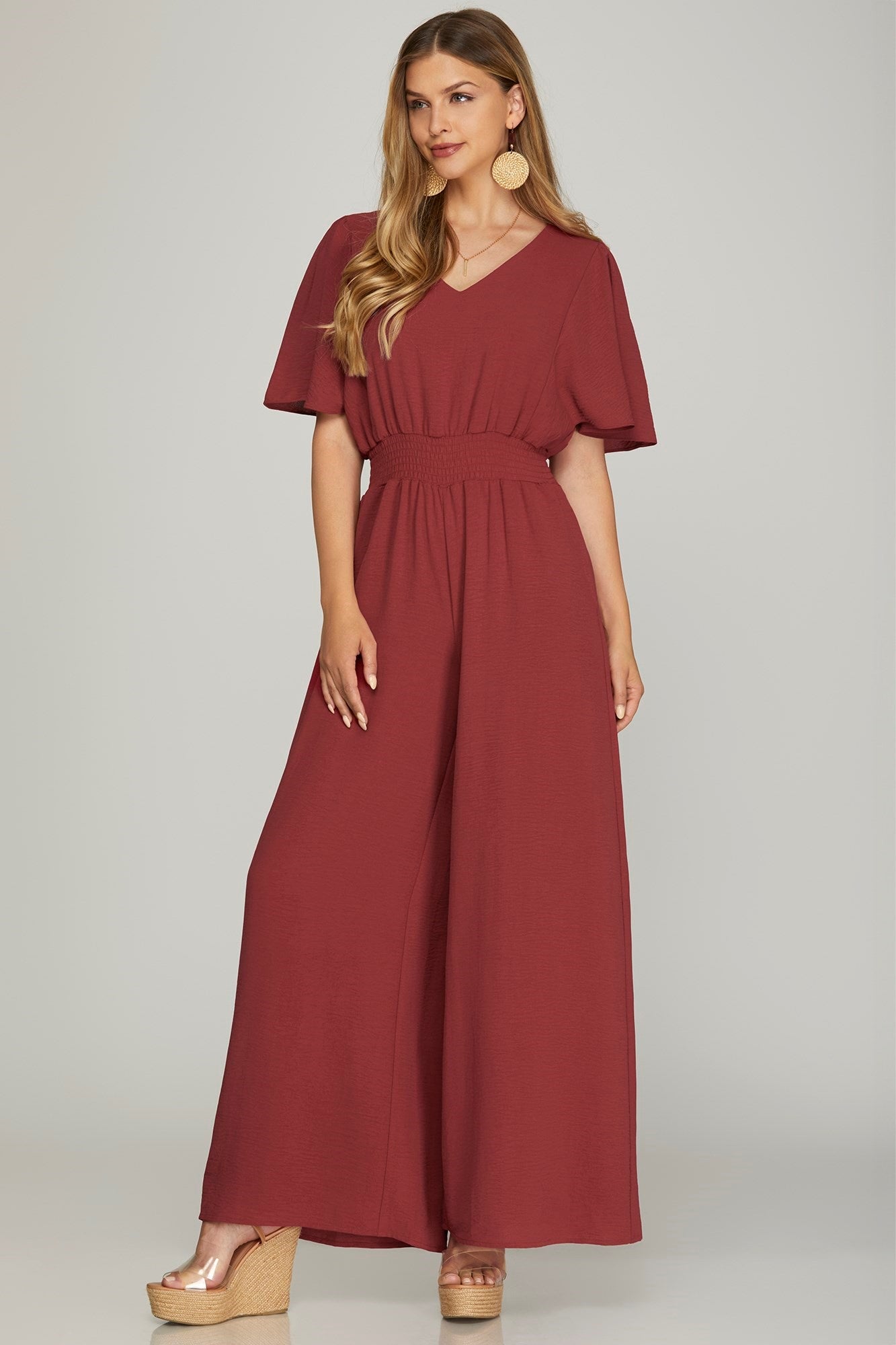 Flounce Sleeve Smocked Waist Wide Leg Jumpsuit