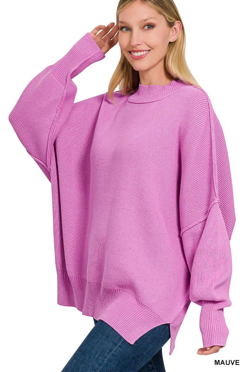 Side Slit Mock Neck Ribbed Sweater