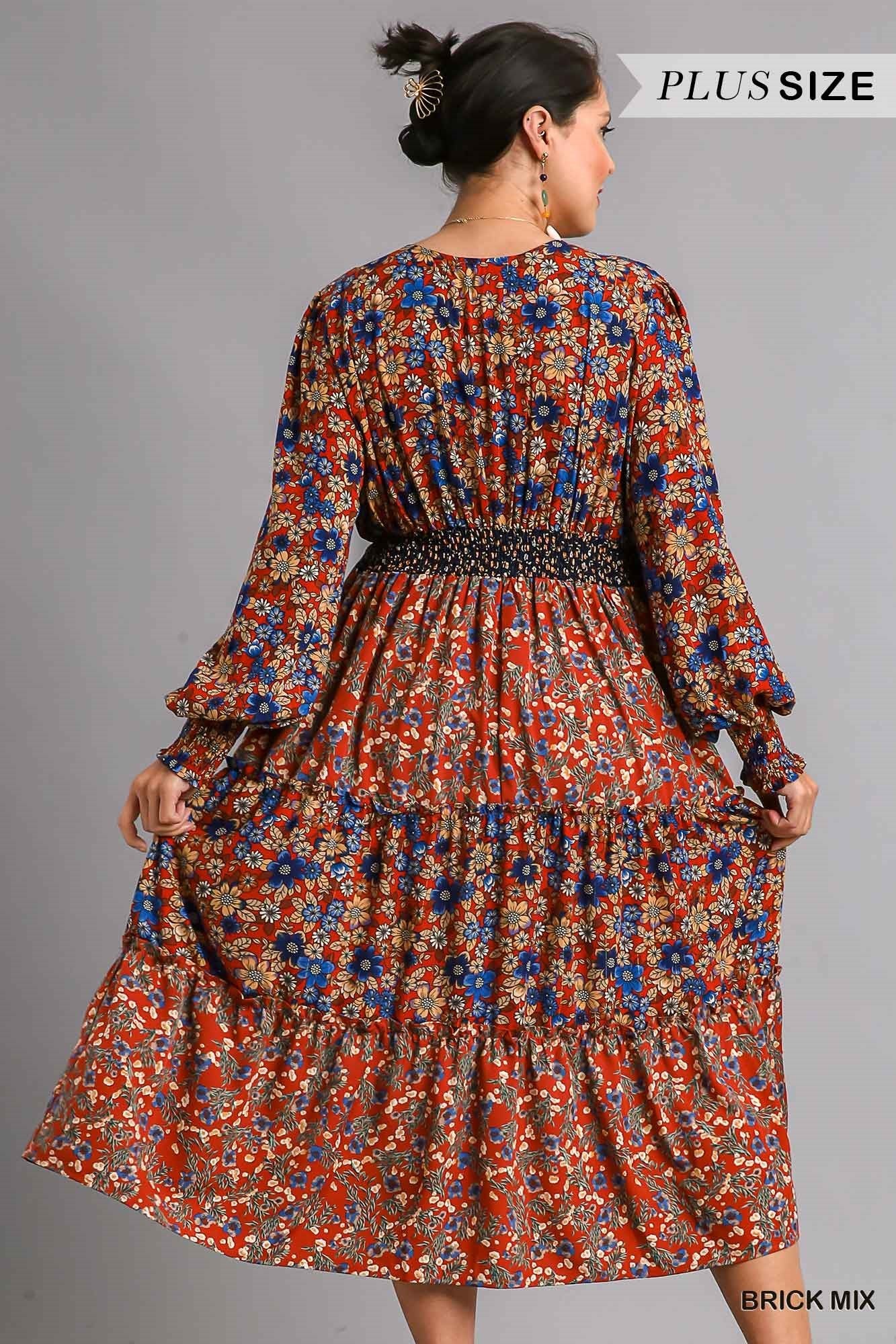 Brick Floral Tiered V-Neck Midi Dress