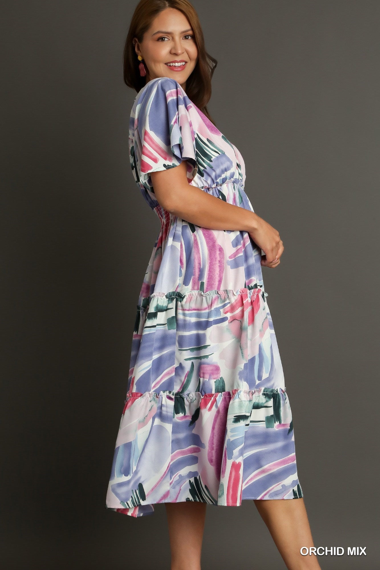 Abstract V-Neck Tiered Ruffle Midi Dress