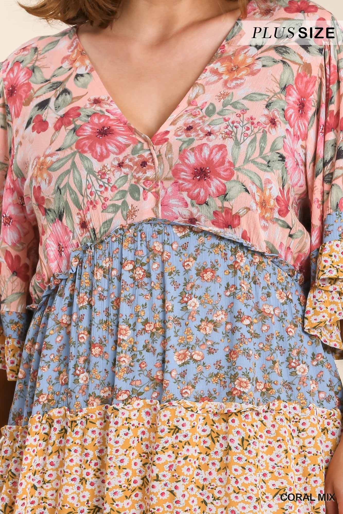 Mixed Floral V-Neck Cinched Waist Midi Dress