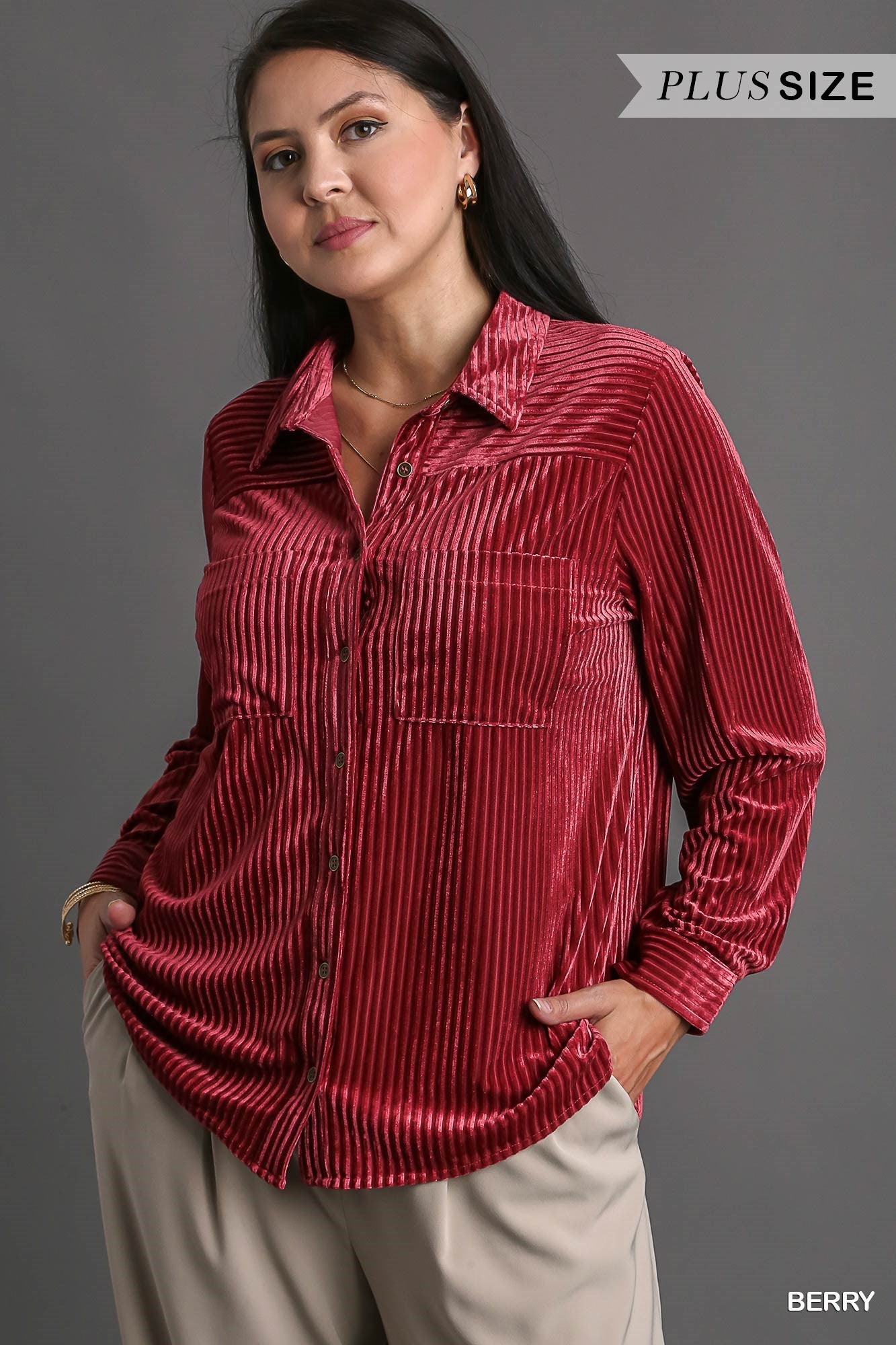 Ribbed Velvet Button Down Shirt