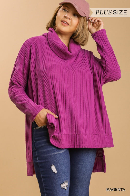 Ribbed Knit Long Sleeve Cowl Neck Sweater