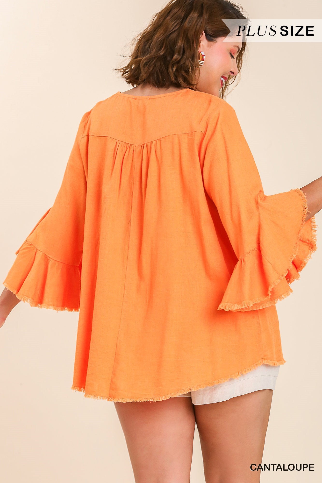 Square Neck Bell Ruffle Sleeve Linen Blouse