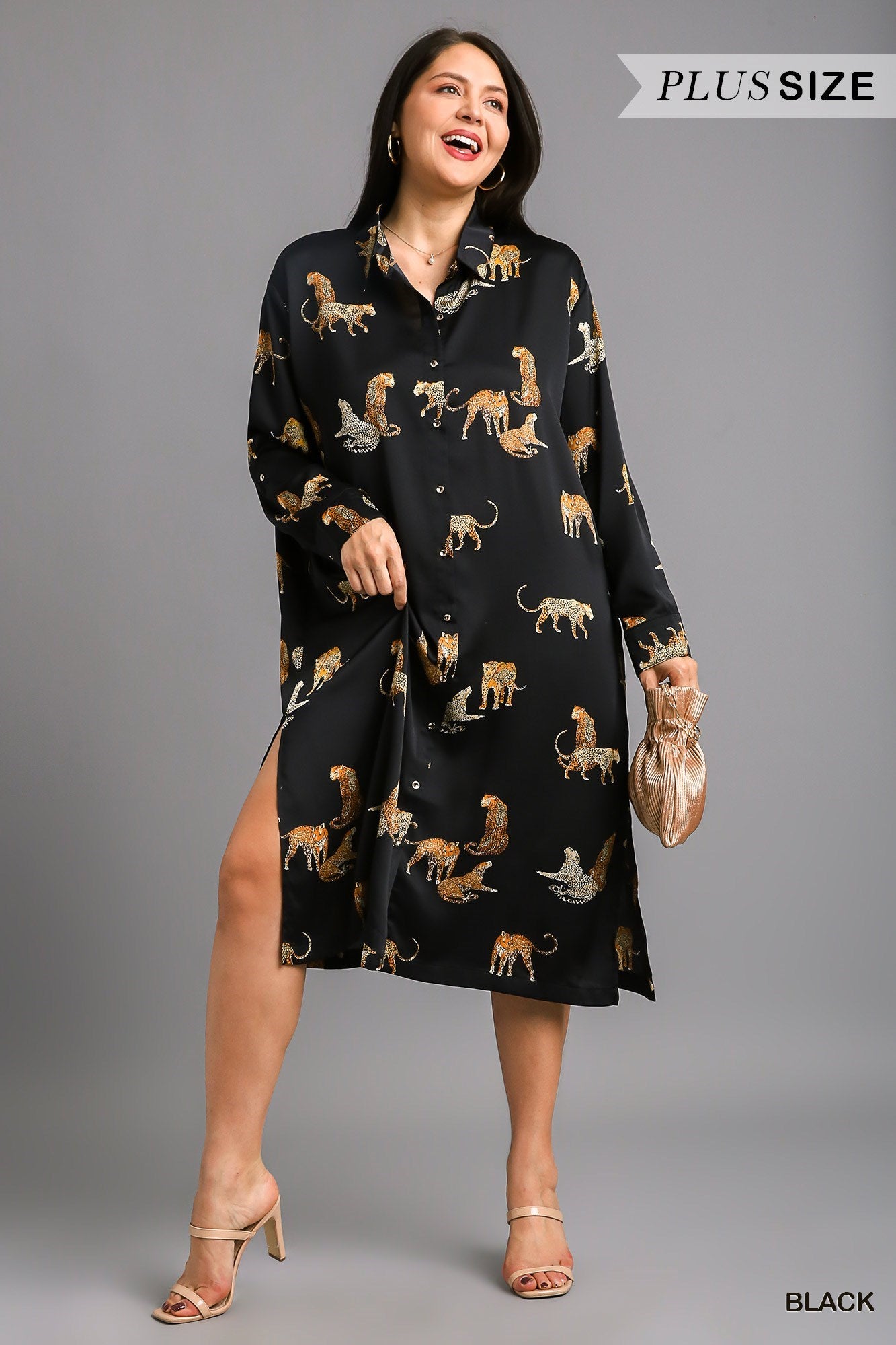 Leopard Animal Print Button Up Satin Dress