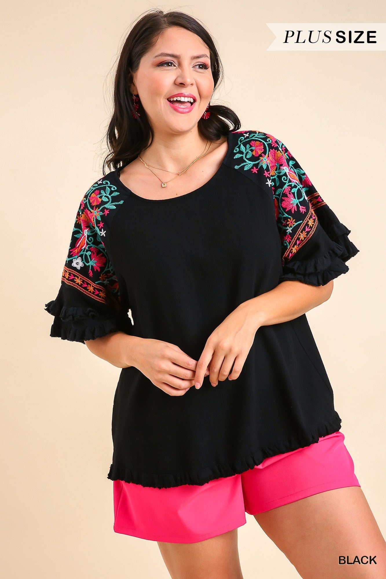 Black Embroidered Short Sleeve Linen Top