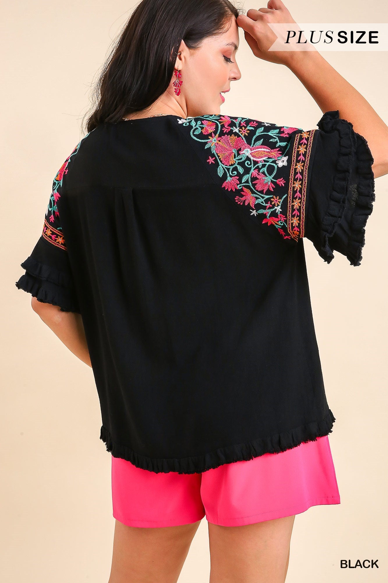 Black Embroidered Short Sleeve Linen Top