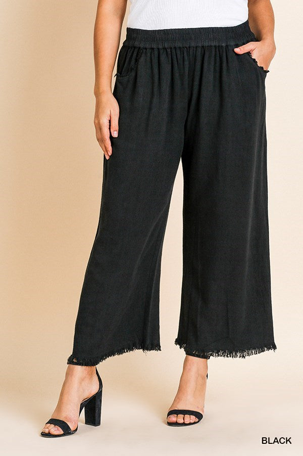 Cropped Frayed Hem Elastic Waist Linen Pants