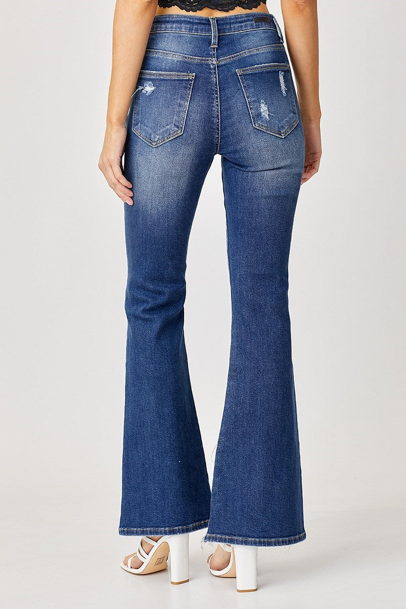 High Rise Distressed Hem Flare Jeans