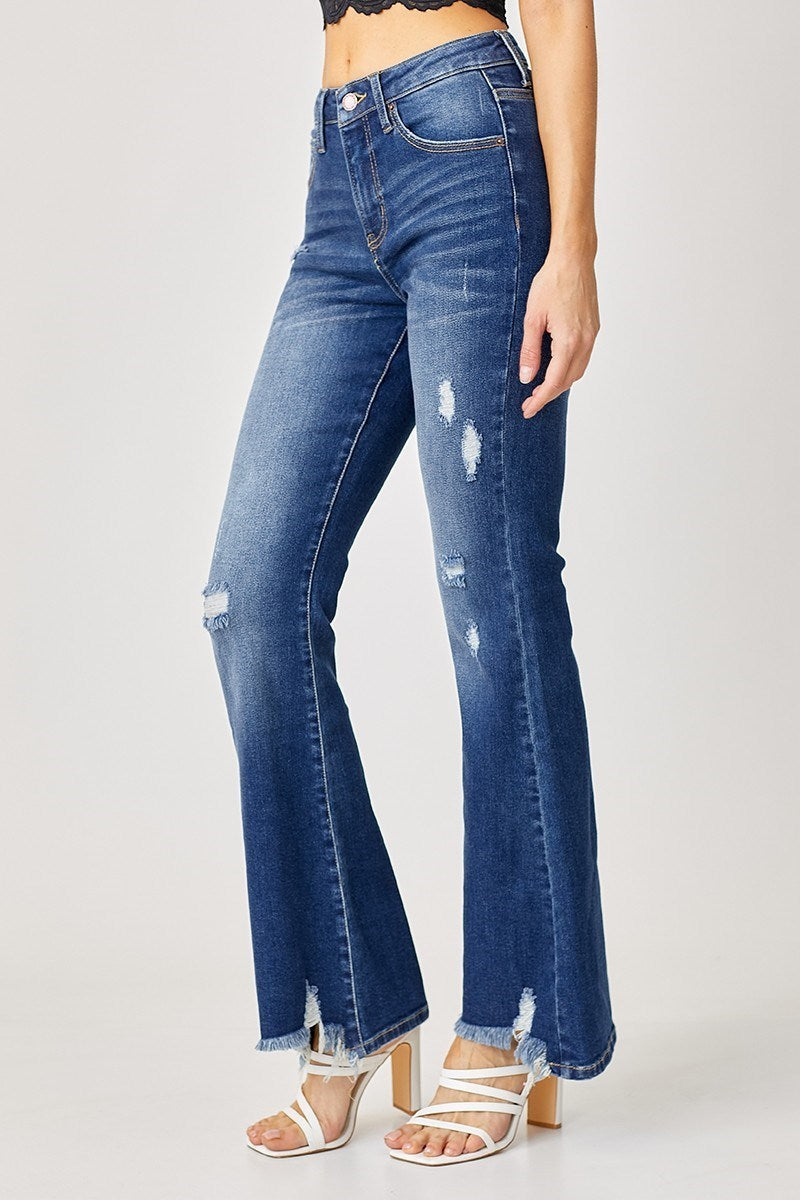 High Rise Distressed Hem Flare Jeans