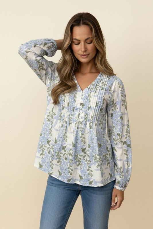 Pin Tuck Button Floral Woven Blouse