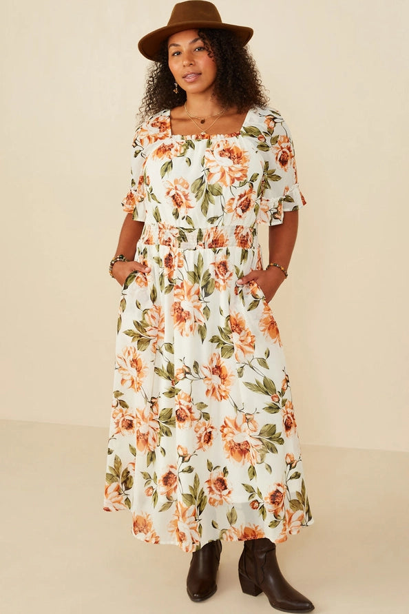 Floral Smocked Waist Square Neck Dress