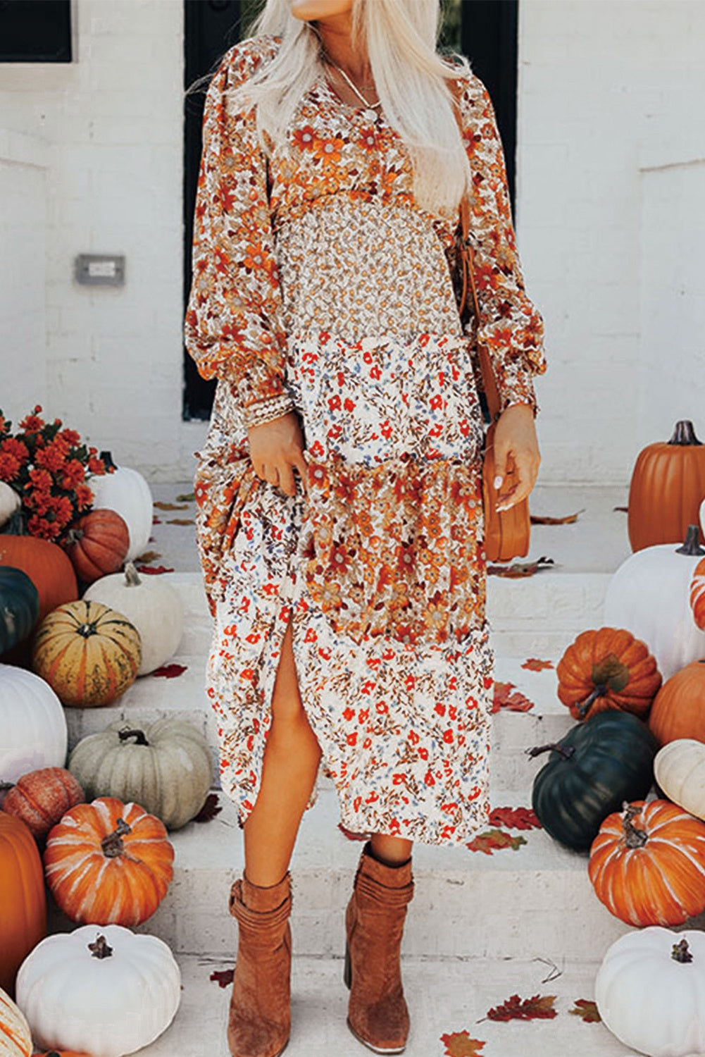 Khaki Floral Tiered Dress