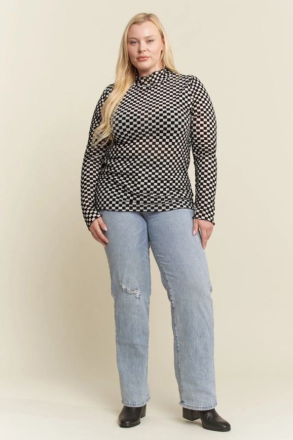 Checkered Mesh Mock Neck Top