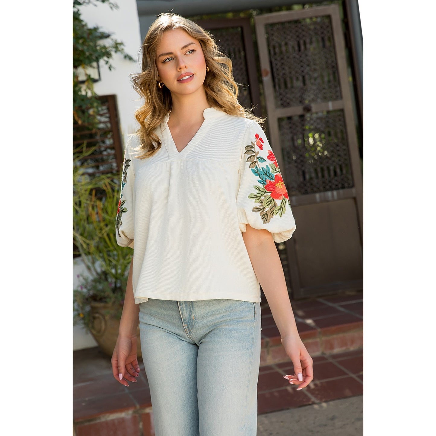 Cream Embroidered Puff Sleeve Top