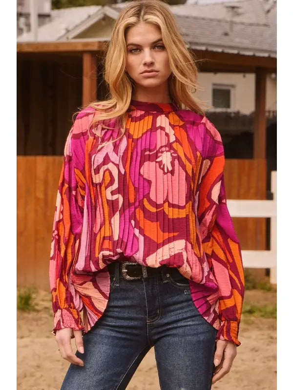 Plus Geo Printed Mock Neck Blouse