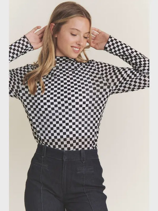 Long Sleeve Checkered Mesh Top