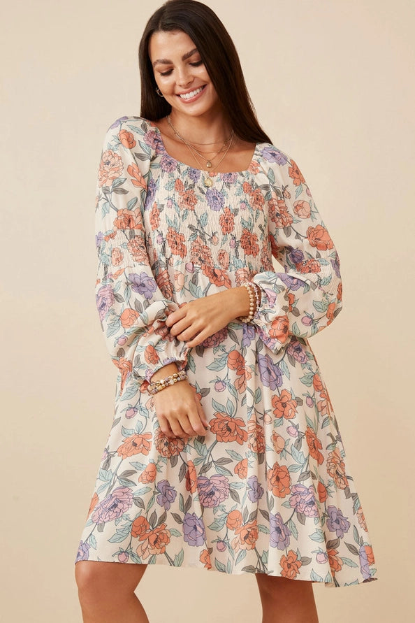 Floral Smocked Knee Length Dress