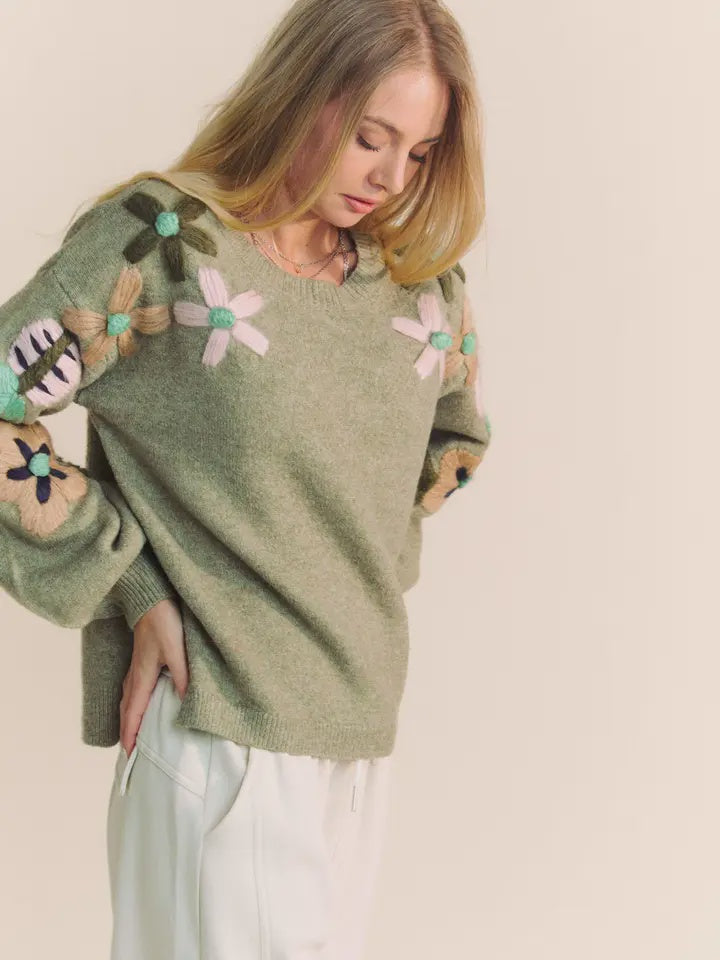 Floral Embroidered Ballon Sleeve Sweater