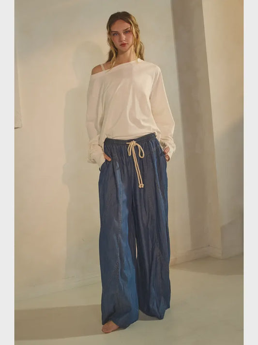 Chambray Denim Wide Palazzo Pant