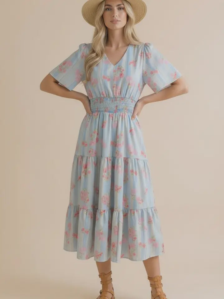 Floral Smocked Waist Tiered Midi Dress