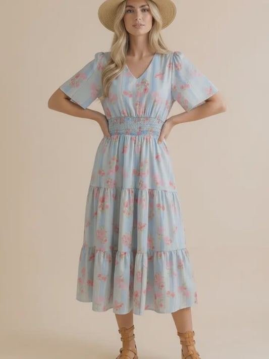 Floral Smocked Waist Tiered Midi Dress