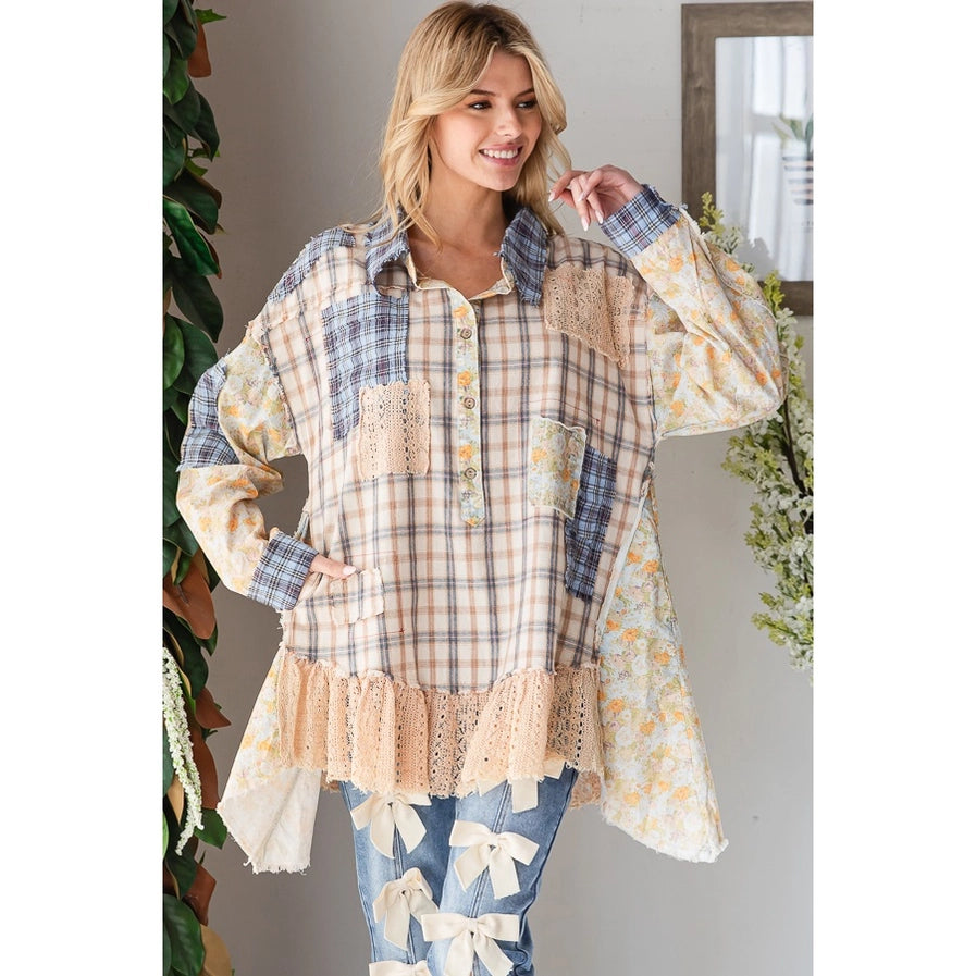 Washed Ruffle Hem Plaid Mix Top