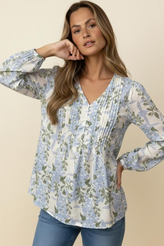 Pin Tuck Button Floral Woven Blouse