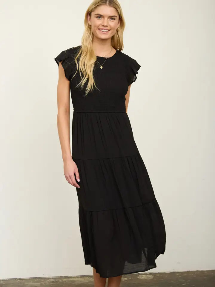Flutter Sleeve Smocked Midi Dress
