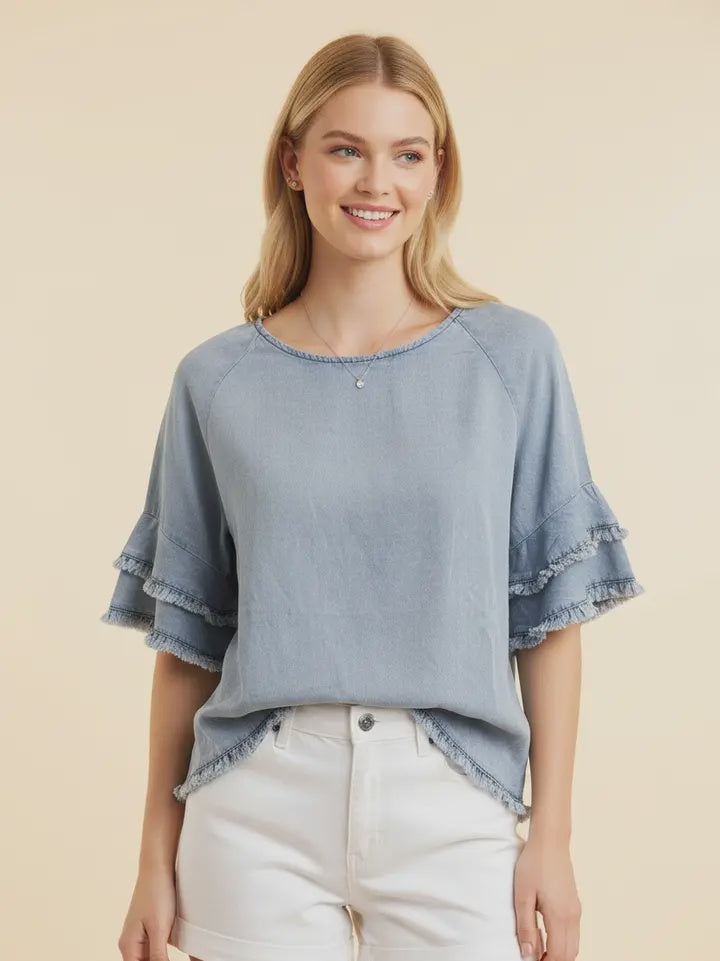 Fringed Tiered Raglan Denim Top