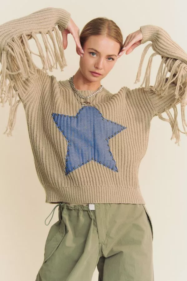 Denim Star & Fringe Detail Sweater