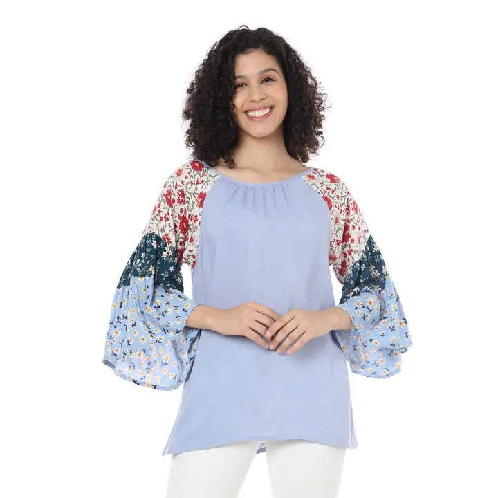 Blue Floral Sleeve Blouse