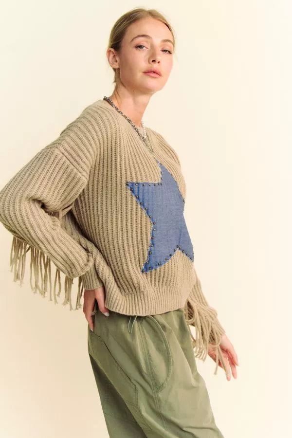 Denim Star & Fringe Detail Sweater