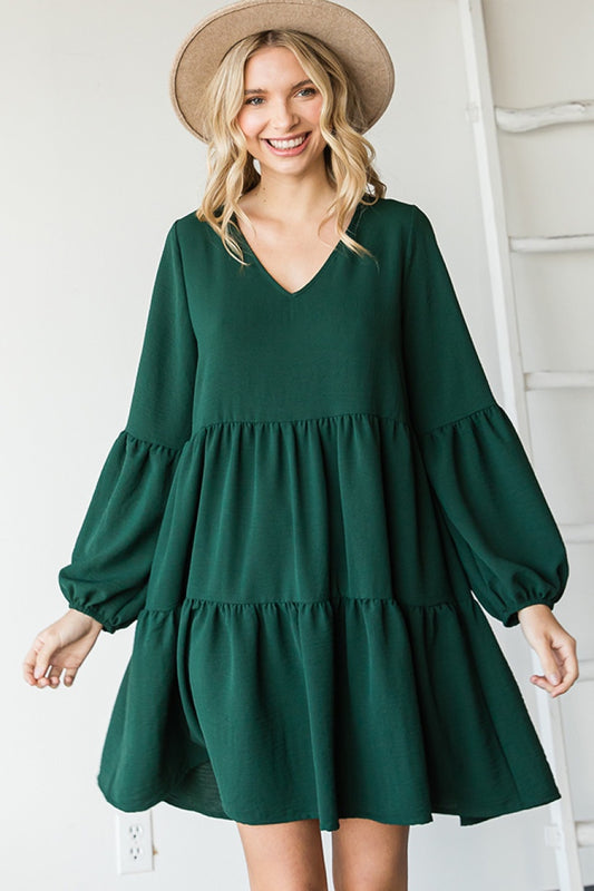 Solid V-Neck Long Sleeve Tiered Babydoll Dress