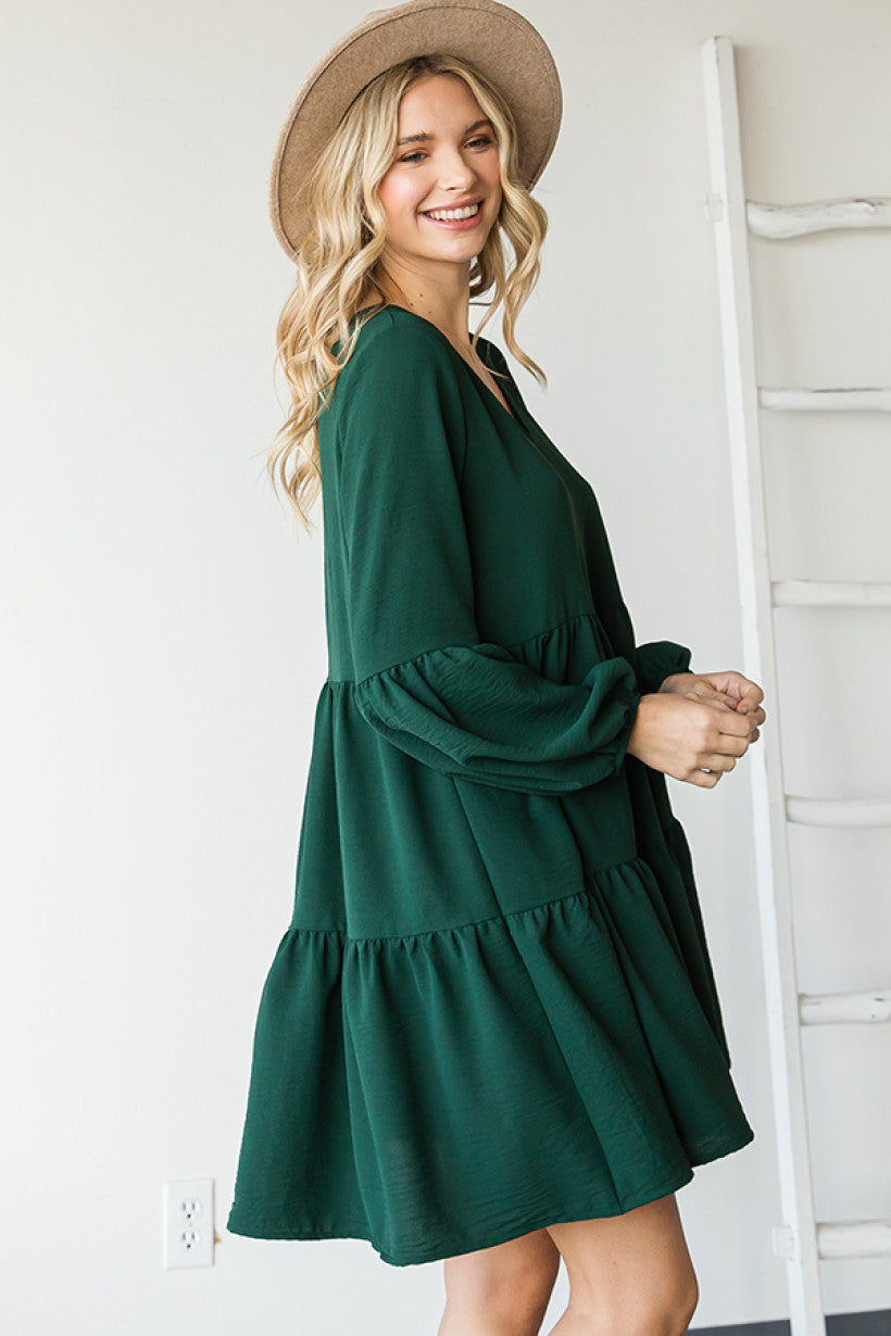 Solid V-Neck Long Sleeve Tiered Babydoll Dress