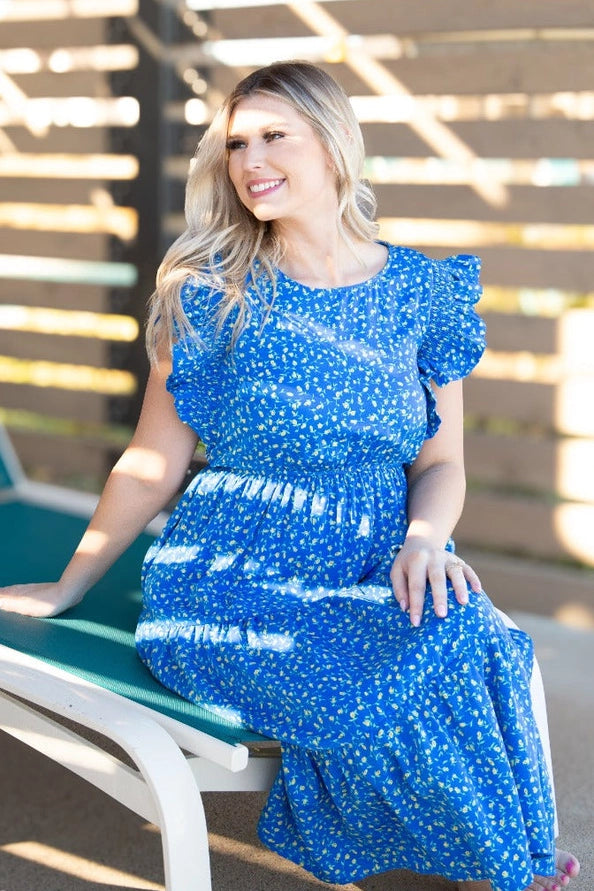 blue and yellow floral midi dress Raymi Blue Floral Chiffon Maxi Dress