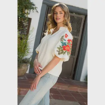 Cream Embroidered Puff Sleeve Top