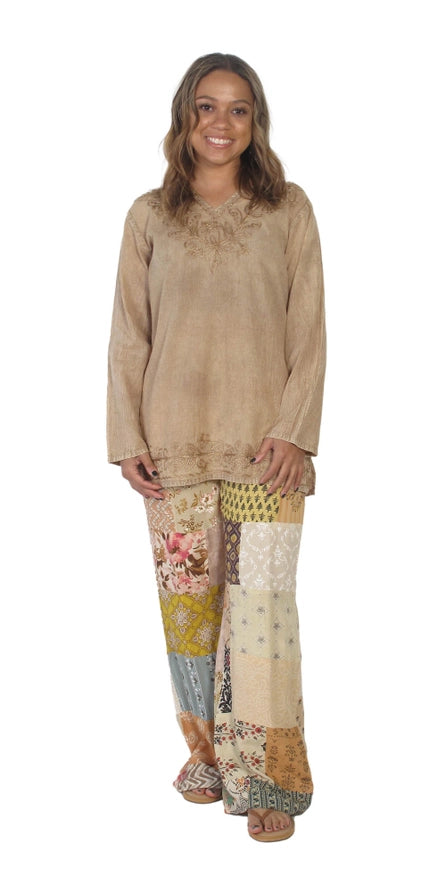 Patchwork Rayon Beige Pants