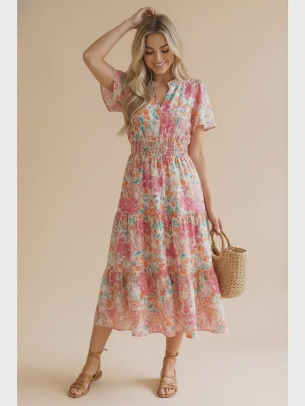 Notch Neck Smocked Waist Maxi