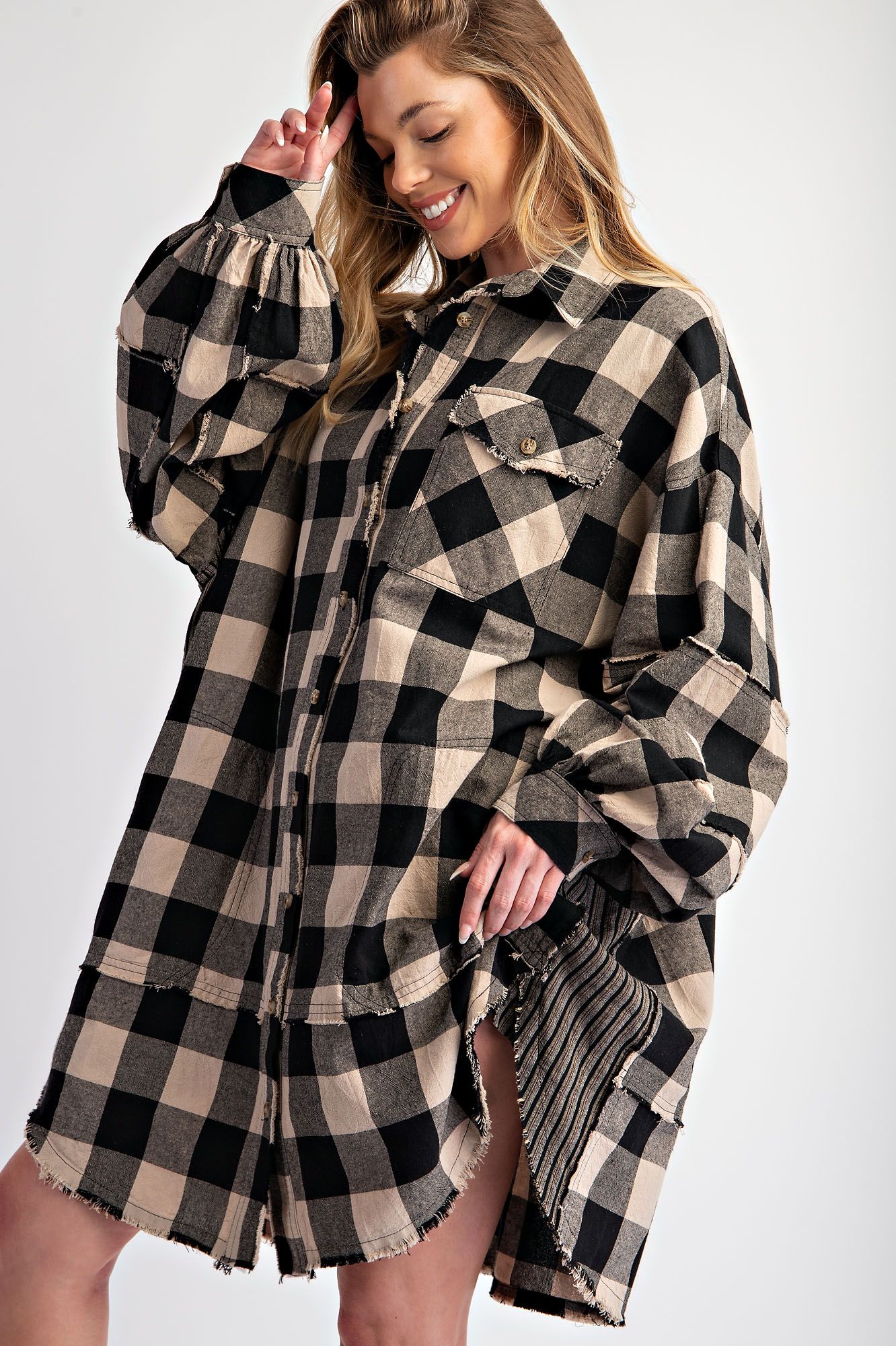 Black & Tan Plaid Button Down Tunic Dress