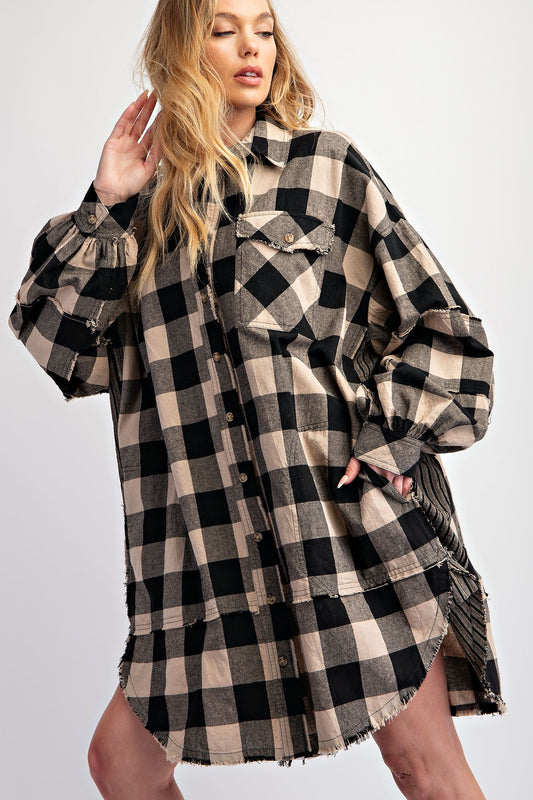 Black & Tan Plaid Button Down Tunic Dress