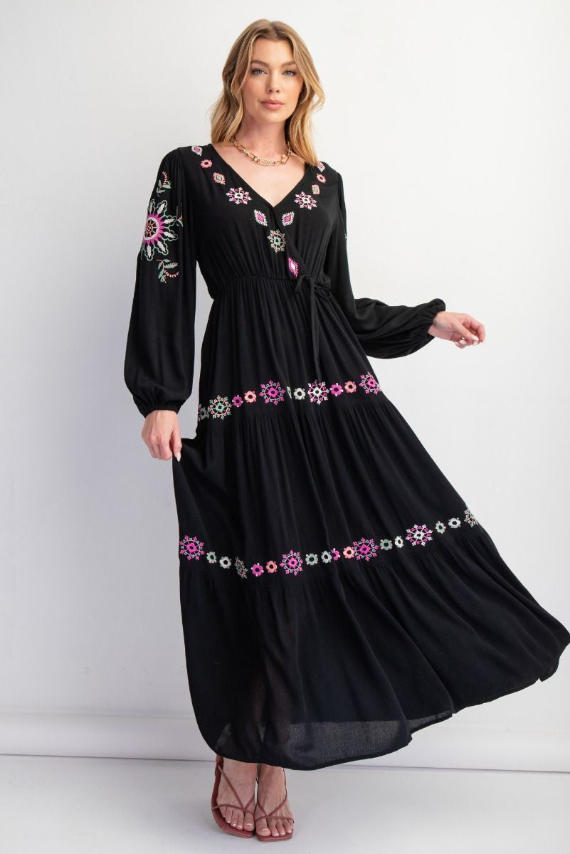 Long Sleeve Embro. detailing rayon dress