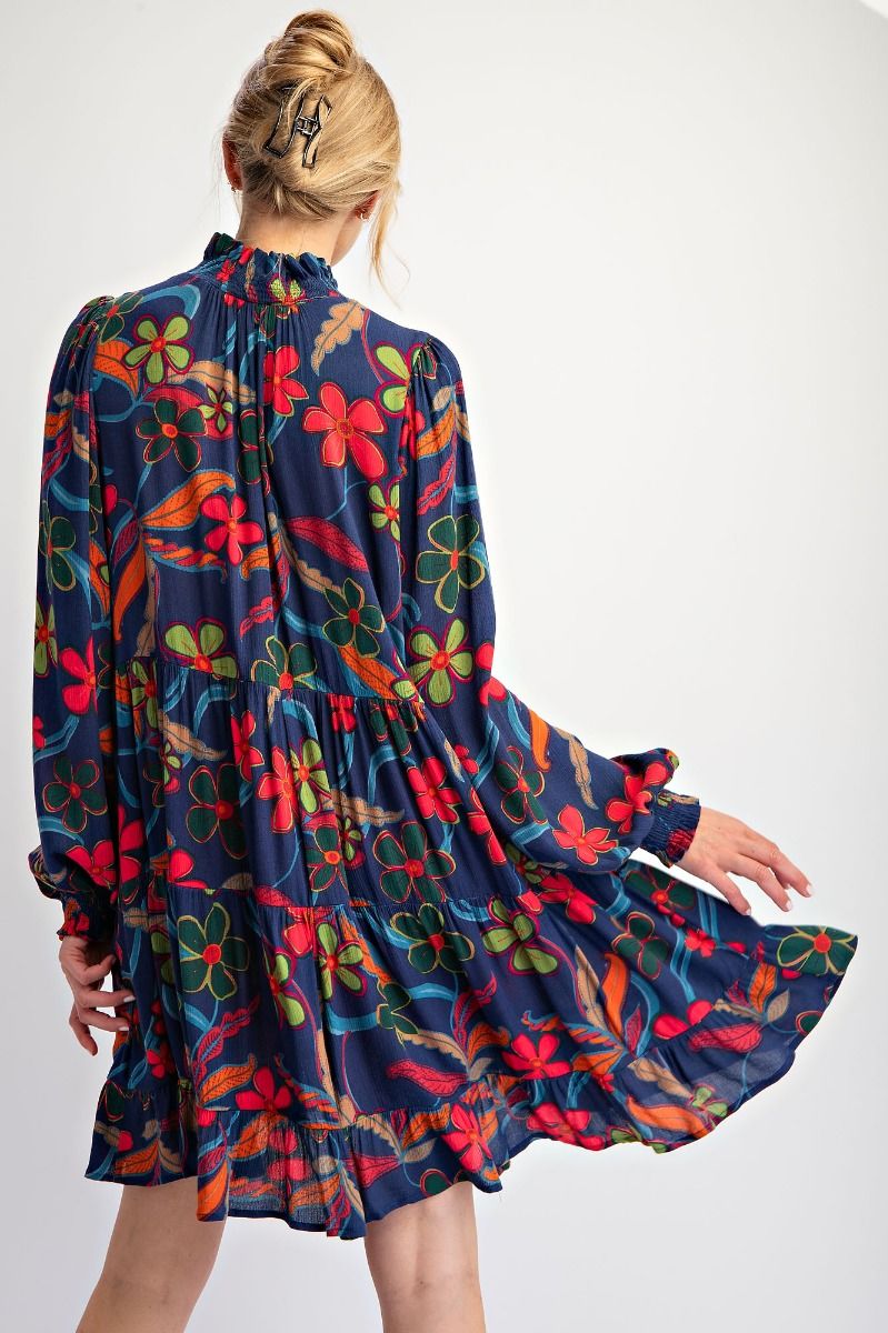 Floral Printed Rayon Long Sleeve Tiered Dress