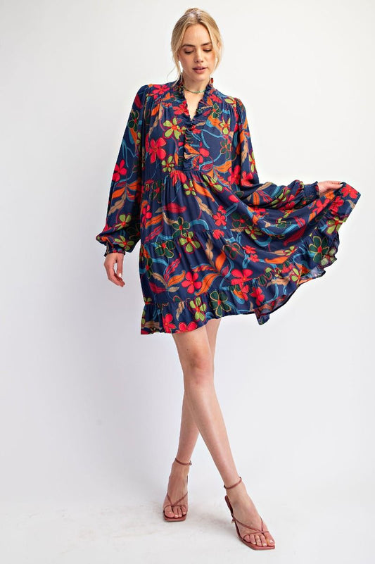 Floral Printed Rayon Long Sleeve Tiered Dress