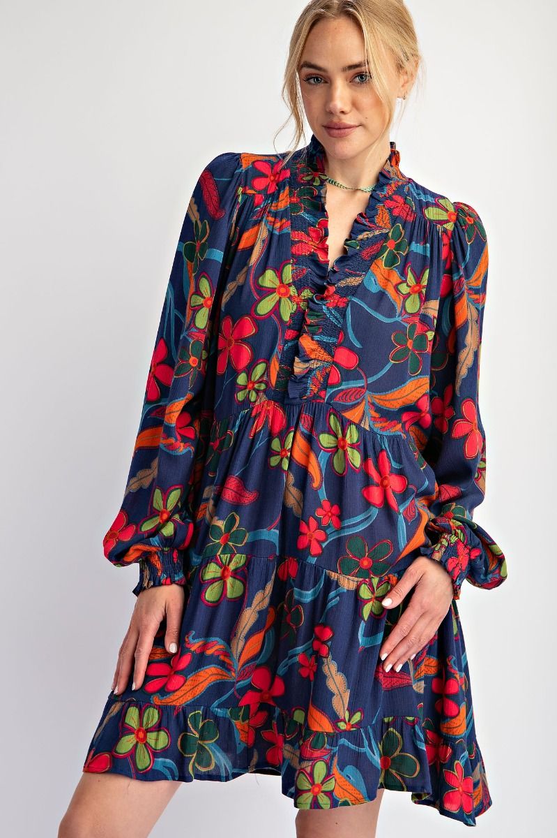 Floral Printed Rayon Long Sleeve Tiered Dress